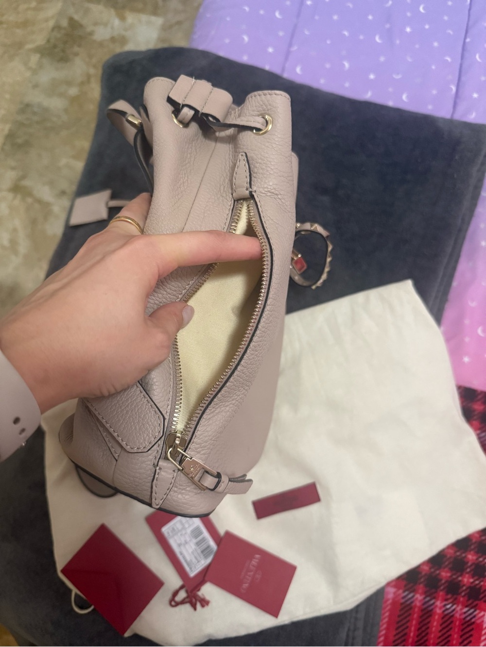 Valentino Garavani Taupe Drawstring Backpack Tote with Gold Hardware - Picture 9 of 9